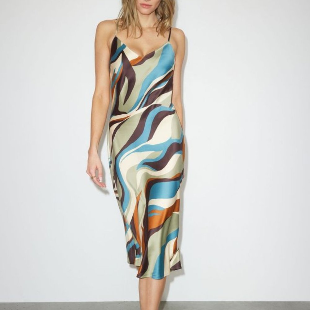 Dynamite Izabella Satin Midi Slip Dress Color: Brown and Green Geometric Print